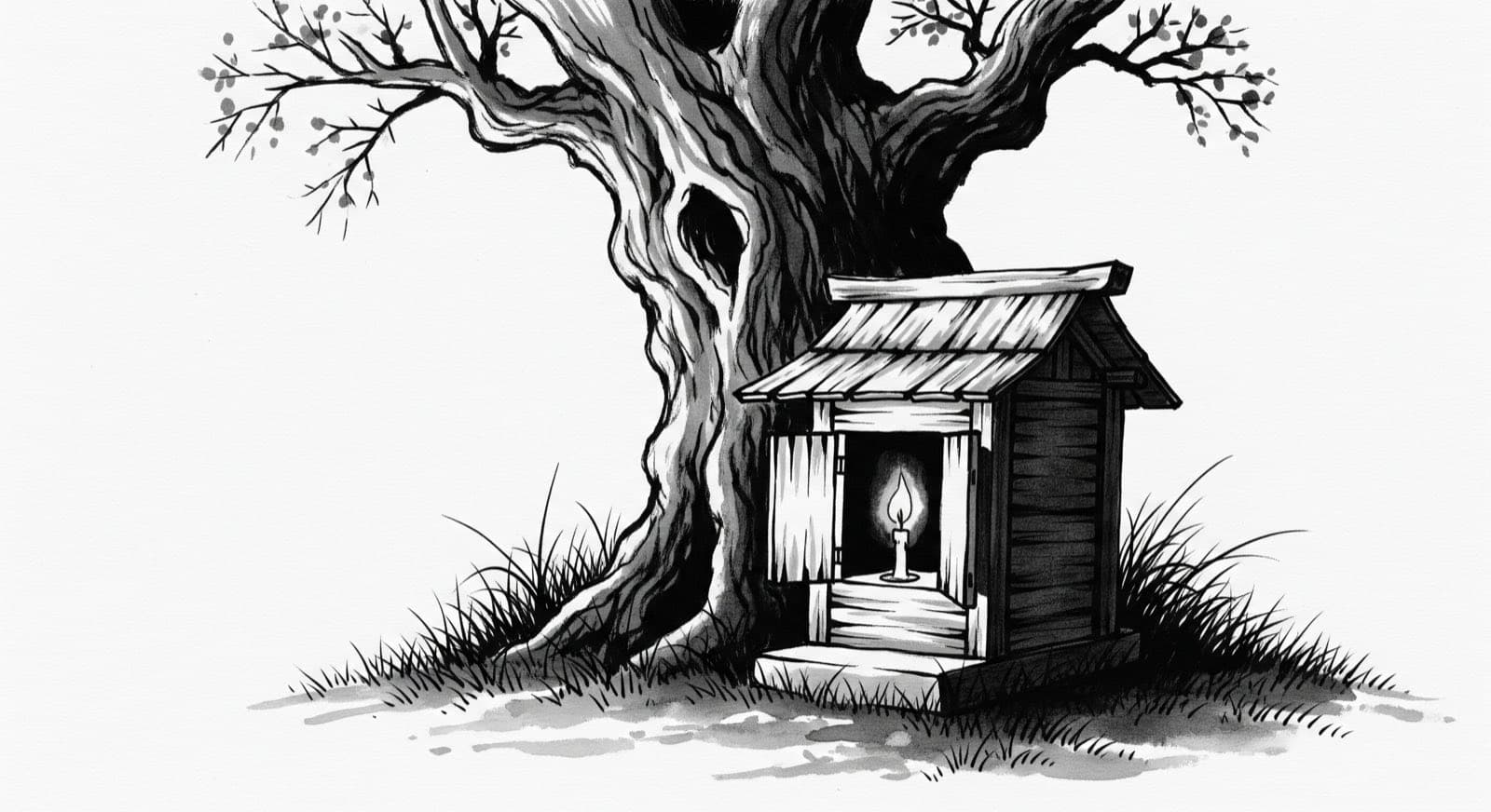 夜の祠の水墨画