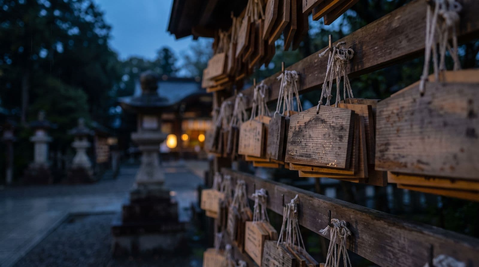 夕暮れの神社に掛けられた無数の絵馬