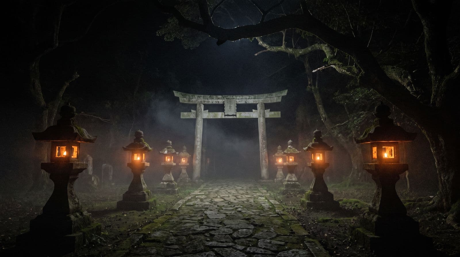 深夜の神社参道。石灯籠の蝋燭の灯りが鳥居へ続く